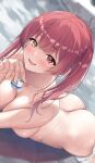  1girl ass blush breasts choko_(cup) completely_nude cup dutch_angle heterochromia highres holding holding_cup hololive houshou_marine iroha_(unyun) large_breasts long_hair looking_at_viewer lying nude on_stomach onsen partially_submerged red_eyes red_hair solo twintails virtual_youtuber yellow_eyes 