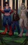 anthro big_breasts borealan bottomwear breasts clothed clothing denim denim_bottomwear denim_clothing digital_media_(artwork) female group hi_res human humanoid jeans male mammal nude pants pinwheel_(snekguy) snekguy trio unknownanimal237