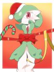  blush bob_cut bow candy candy_cane envi55109095 food gardevoir gradient_background green_hair hair_over_one_eye hat highres looking_at_viewer pink_eyes pokemon pokemon_(creature) red_bow red_ribbon restrained ribbon santa_hat sweatdrop 