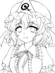  1girl blurry blurry_background breasts commentary_request hat high_contrast looking_at_viewer mob_cap monochrome open_mouth s1a1nokoka saigyouji_yuyuko short_hair solo touhou triangular_headpiece upper_body 
