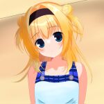  1girl bare_shoulders black_hairband blonde_hair blue_eyes blue_overalls blush chitose_sana closed_mouth commentary_request corrupted_twitter_file double_bun eyes_visible_through_hair hair_between_eyes hair_bun hair_intakes hairband head_tilt highres indoors long_hair looking_at_viewer moshikineko64 overalls plaid_overalls sidelocks simple_background solo tareme tenshinranman two_side_up upper_body 