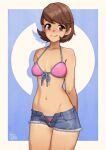  1girl arms_behind_back artist_logo bikini bikini_under_shorts blush breasts brown_eyes brown_hair closed_mouth collarbone commentary cowboy_shot denim denim_shorts earrings english_commentary eyelashes highres jewelry looking_at_viewer medium_breasts medium_hair navel persona persona_3 pink_bikini shadow short_shorts shorts smile solo swept_bangs swimsuit takeba_yukari thatpersonaguy thighs torn_clothes torn_shorts underboob variant_set 