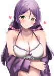  1girl absurdres bare_shoulders bikini breasts closed_mouth collarbone commentary_request double-parted_bangs green_eyes hair_ornament hair_scrunchie heart highres jacket large_breasts long_hair looking_at_viewer love_live! love_live!_school_idol_project low_twintails off_shoulder purple_hair purple_jacket scrunchie smile solo sunya_(honorin-yuunibo) swimsuit tojo_nozomi twintails upper_body white_background white_bikini 