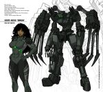  1girl absurdres apoloniodraws bionicle black_bodysuit black_eyes black_hair black_lips bodysuit breasts character_name commission earrings english_commentary glowing glowing_eyes green_eyes hands_on_own_hips highres jewelry large_breasts long_hair looking_down mecha mechanization nose_piercing onua_(bionicle) piercing robot smile the_lego_group 