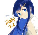  1girl blue_eyes blue_hair cevio closed_mouth collared_dress colored_inner_hair dated dress futaba_minato hair_ornament hairclip long_hair looking_at_viewer multicolored_hair shiibe_(siiibeee) simple_background sketch sleeveless sleeveless_dress smile solo twitter_username white_background white_dress 