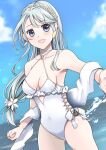  1girl asymmetrical_bangs blue_sky casual_one-piece_swimsuit cloud cowboy_shot day earrings flower food-themed_earrings frilled_one-piece_swimsuit frills grey_hair hair_flower hair_ornament hairband highleg highleg_swimsuit highres horizon jewelry kantai_collection long_hair looking_at_viewer ocean official_alternate_costume one-piece_swimsuit outdoors purple_eyes sagiri_(kancolle) shawl side-tie_swimsuit sky smile solo swept_bangs swimsuit wakakohime_moe water white_one-piece_swimsuit white_shawl 