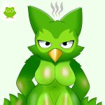 1:1 absurd_res ambiguous_gender angry anthro arm_support avian big_breasts bird black_eyes breasts duo_(duolingo) duolingo eyelashes facial_markings feathers female glistening glistening_body green_background green_body green_feathers head_markings hi_res mammal markings mascot nameigo navel owl simple_background solo