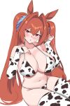  1girl animal_ears animal_print bare_shoulders bell bikini blush breasts brown_hair cleavage collar collarbone commentary_request cow_horns cow_print cow_print_bikini cowbell daiwa_scarlet_(umamusume) detached_sleeves fake_horns hair_intakes highres horns horse_ears horse_girl large_breasts long_hair looking_at_viewer navel neck_bell open_mouth print_bikini red_eyes solo swimsuit thighhighs twintails umamusume very_long_hair white_bikini xiang_(user_tfpn4322) 