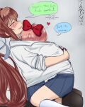  2girls :d artist_name black_thighhighs blush bow brown_hair doki_doki_literature_club english_text from_side grey_background grey_shirt hair_bow hair_ribbon heart highres hug kneehighs long_hair miniskirt monika_(doki_doki_literature_club) multiple_girls no_jacket no_vest pink_hair red_bow ribbon samdoja sayori_(doki_doki_literature_club) shirt sitting sitting_on_lap sitting_on_person skirt smile socks speech_bubble thighhighs white_ribbon white_socks 