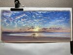  animal autumn beach blue_sky canvas_(medium) cloud cloudy_sky highres horizon morning no_humans norako_pastel ocean original painting_(medium) photo_(medium) scenery shore sky sun sunlight sunrise traditional_media umbrella_stand water 