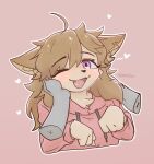 2024 ahoge anthro anthro_focus blush brown_hair canid canine canis clothed clothing cute_fangs digital_media_(artwork) disembodied_hand domestic_dog duo female female_anthro female_focus fur hair happy heart_symbol hi_res hoodie kemono kloe_mone loomy_(comifur) mammal one_eye_closed open_mouth open_smile paw_pose petting pink_background pose purple_eyes simple_background smile solo_focus tan_body tan_fur tongue topwear