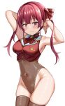  1girl absurdres ascot blush breasts cleavage covered_navel hair_ribbon heterochromia highres hololive houshou_marine houshou_marine_(1st_costume) large_breasts leotard long_hair looking_at_viewer nootomo red_ascot red_eyes red_hair red_ribbon ribbon see-through see-through_cleavage see-through_leotard sleeveless sleeveless_jacket smile solo thighhighs thighs twintails virtual_youtuber yellow_eyes 
