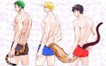  3boys black_eyes black_hair blonde_hair cropped_legs earrings eg_(eastg111) finger_heart fox_tail green_hair hair_over_one_eye heart highres jewelry looking_at_another looking_at_viewer male_focus male_underwear monkey_d._luffy monkey_tail multiple_boys one_piece open_mouth roronoa_zoro sanji_(one_piece) scar scar_on_cheek scar_on_face short_hair sideburns single_earring smile tail tiger_tail topless_male touching_tail underwear underwear_only 