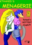 anthro blonde_hair blue_body blue_fur bodily_fluids bottomwear clothing cover cover_art cover_page duo female fluffy fluffy_tail flying_sweatdrops fur hair kthanid_(artist) male mammal martin_mink midriff mink monica_(rutwell) monotreme mustelid musteline nipple_outline platypus platypus_tail rutwell_forest shirt shorts sweat sweatdrop tail tank_top topwear true_musteline white_body white_fur