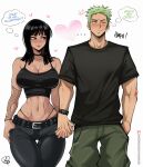  ! !? ... 1boy 1girl ? absurdres almualim alternate_costume black_hair black_shirt blunt_bangs blush closed_mouth commentary english_commentary english_text green_hair heart hetero highres holding_hands long_hair navel nico_robin one_eye_closed one_piece patreon_logo roronoa_zoro scar scar_across_eye scar_on_face shirt short_hair short_sleeves signature smile speech_bubble toothpick web_address 