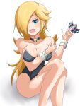  1girl :d bare_shoulders black_choker black_leotard blonde_hair blue_eyes breasts choker cleavage collarbone crown earrings eyelashes hair_over_one_eye highres holding holding_crown jewelry large_breasts leotard long_hair looking_at_viewer mario_(series) open_mouth rosalina sitting smile solo star_(symbol) star_choker star_earrings strapless strapless_leotard white_background wrist_cuffs yass_8mk 