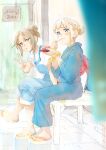  2girls bench blonde_hair blue_eyes blue_kimono blue_overalls blurry blurry_foreground blush brown_hair character_request copyright_request crossed_legs eating food hair_bun highres holding holding_plate japanese_clothes jojinta kimono looking_at_viewer multiple_girls obi overalls plate purple_eyes sandals sash scrunchie shirt short_sleeves sidelocks single_hair_bun sitting toeless_footwear v white_shirt wrist_scrunchie 
