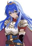  1girl absurdres armor arms_behind_back belt black_gloves blue_eyes blue_hair breastplate caeda_(fire_emblem) caeda_(marth&#039;s_faithful)_(fire_emblem) closed_mouth elbow_gloves eyelashes fire_emblem fire_emblem_heroes gloves hair_between_eyes highres long_hair looking_at_viewer official_alternate_costume short_sleeves shoulder_armor sidelocks smile solo tiara white_background yuurururun 