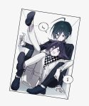  +_+ 2boys ahoge between_legs black_hair checkered_clothes checkered_scarf cheong_(nept1211) danganronpa_(series) danganronpa_v3:_killing_harmony flipped_hair full_body hair_between_eyes highres leaning_on_person legs_up looking_at_another male_focus multiple_boys musical_note oma_kokichi open_mouth pale_skin purple_eyes purple_hair saihara_shuichi scarf short_hair speech_bubble spoken_musical_note spoken_sweatdrop straitjacket sweatdrop white_background yaoi yellow_eyes 