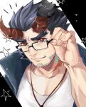  1boy adjusting_eyewear bad_id bad_twitter_id bara blue_hair bright_pupils broken_horn dark_blue_hair demon_boy demon_horns facial_hair glasses goatee_stubble hand_up happy_aura horns male_focus muscular muscular_male mutton_chops pectoral_cleavage pectorals scar short_hair smile solo star_(symbol) stubble takemaru_(housamo) tass_commuovere thick_eyebrows tokyo_afterschool_summoners tusks 