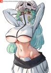  1girl arms_behind_head artist_name bleach breasts commentary cosplay covered_mouth cropped_jacket english_commentary green_hair high_collar highres jacket large_breasts long_hair looking_at_viewer navel nelliel_tu_odelschwanck pants patreon_logo patreon_username signature simple_background skull_on_head solo sword tier_harribel tier_harribel_(cosplay) underboob watermark weapon web_address white_background white_jacket white_pants xhaart yellow_eyes 
