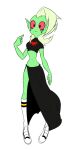 1:2 alien alien_humanoid bottomwear breasts clothed clothing female fingers flowerpigeon73 footwear freckles green_body green_skin hair humanoid humanoid_pointy_ears long_hair lord_dominator midriff noseless not_furry pink_sclera shoes simple_background smile socks solo topwear wander_over_yonder white_background white_hair