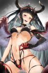  1girl :d absurdres asymmetrical_gloves bikini black_bikini black_gloves black_hair black_hairband black_thighhighs blunt_bangs blush breasts censored commentary_request covered_nipples demon_horns drop_earrings earrings elbow_gloves feathered_wings frilled_hairband frills gloves granblue_fantasy hairband highleg highleg_bikini highres horns jewelry large_breasts looking_at_viewer magus_(granblue_fantasy) mismatched_gloves mochi-jun mosaic_censoring navel pussy pussy_juice red_gloves single_elbow_glove single_thighhigh smile solo sweat swimsuit thighhighs two-tone_gloves untied_bikini_bottom wings 