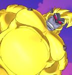 anthro baby_(dragon_ball) baby_vegeta dragon_ball dragon_ball_gt dragon_ball_z fur hi_res looking_at_viewer low-angle_view male male/male mammal nude oozaru oozaru_baby primate red_eyes saiyan seyrmo simple_background solo yellow_body yellow_fur