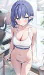  1girl aoi_(blue_archive) bare_shoulders blue_archive blue_eyes blue_hair blush breasts cleavage collarbone earclip halo highres houraku looking_at_viewer medium_breasts mole mole_under_eye navel open_mouth panties panty_pull pointy_ears short_hair solo sports_bra thighs underwear white_panties white_sports_bra 