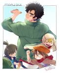  1girl 3boys black_hair blonde_hair blush border brown_coat brown_hair carrying carrying_person carrying_under_arm child coat dameaki green_jacket hair_over_eyes high_ponytail jacket joe_(megalo_box) long_sleeves looking_back medium_hair megalo_box multiple_boys oicho_(megalo_box) red_scarf sachio_(megalo_box) santa_(megalo_box) scar scar_on_face scarf short_hair simple_background spanking third-party_source twitter_username white_background white_border 