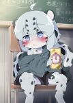 anthro biped blue_body blue_eyes blue_fur blush clothed clothing dagasi felid female fur hi_res mammal pantherine sitting snow_leopard solo tail