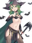  1girl bat_(animal) black_skirt black_thighhighs breasts cleavage cloak commentary_request fake_horns green_cloak green_eyes green_hair hair_ornament hat highres holding holding_staff horned_headwear horns itakama long_hair looking_at_viewer midriff navel open_mouth simple_background skirt small_breasts solo staff standing thighhighs unicorn_overlord upper_body white_background witch_hat yahna 