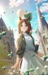  1girl animal_ears blue_sky brown_hair church cloud clover clover_(flower) clover_hair_ornament fine_motion_(umamusume) flower green_eyes green_jacket hair_between_eyes hair_bun hair_ornament highres horse_ears horse_girl horse_tail jacket long_hair long_sleeves multicolored_hair murasaki_himuro saint_patrick&#039;s_day shirt skirt sky smile solo tail tree umamusume white_hair white_shirt white_skirt 