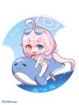  1girl :3 :d =_= absurdres ahoge bikini bird blue-tinted_eyewear blue_archive blue_sky blurry blush chibi circle cloud depth_of_field eyewear_on_head frilled_bikini frills hair_between_eyes hair_bobbles hair_flaps hair_ornament halo heterochromia highres hoshino_(blue_archive) hoshino_(swimsuit)_(blue_archive) inflatable_toy inflatable_whale low_twintails luceee ocean open_mouth pink_hair pink_halo simple_background sky smile solo sparkle swimsuit tinted_eyewear twintails twitter_username white_background white_bikini 