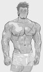  1boy abs bara blush boxers bulge cropped_legs facial_hair fate/grand_order fate_(series) goatee greyscale highres large_pectorals long_sideburns looking_at_viewer male_focus male_underwear mature_male monmonhomon monochrome muscular muscular_male napoleon_bonaparte_(fate) navel nipples parted_lips pectorals scar scar_on_chest sideburns smile solo standing stomach topless_male underwear 
