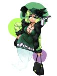  1girl adapted_costume aronnecroman bag breasts bright_pupils cleavage covered_navel ghost_tail green_eyes green_headwear hand_on_own_hip hat highres jewelry large_breasts long_sleeves mob_cap ofuda ofuda_on_clothes pendant soga_no_tojiko solo touhou white_pupils 