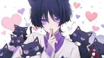  1boy :3 alternate_costume animal_ears bishounen cat cat_boy cat_ears genshin_impact highres jacket male_focus neyti_(neytirv) open_mouth purple_eyes scaramouche_(cat)_(genshin_impact) scaramouche_(genshin_impact) simple_background smile solo upper_body valentine white_background white_jacket 