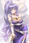  1girl bare_shoulders breasts bridal_gauntlets burnt_green_tea cleavage closed_mouth commentary dress elbow_gloves english_commentary fire_emblem fire_emblem:_genealogy_of_the_holy_war gloves gold_trim highres ishtar_(fire_emblem) jewelry large_breasts long_hair looking_at_viewer ponytail purple_eyes purple_hair sleeveless sleeveless_dress solo thighhighs very_long_hair white_gloves white_thighhighs 