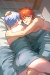  2boys bed blanket hair_between_eyes hasegawa_langa highres kyan_reki male_focus multiple_boys open_mouth orange_eyes short_hair sk8_the_infinity tongue wasabi_irh yaoi 