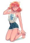  bare_legs barefoot belt blush breasts closed_mouth clothes_writing denim denim_shorts full_body hand_in_own_hair hand_on_own_foot hand_up long_hair looking_at_viewer oniyama831 orange_hair original retro_artstyle shorts small_breasts sweat tank_top toes white_tank_top yellow_belt 