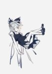  1girl absurdres blue_bow blue_dress blue_hair bow cirno detached_wings dress fairy fairy_wings frozen hair_bow highres ice ice_wings pinafore_dress short_hair sleeveless sleeveless_dress solo touhou white_background wings zhixie_jiaobu 