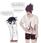  2boys :d black_hair buttons closed_eyes danganronpa_(series) danganronpa_v3:_killing_harmony double-breasted facing_another happy highres looking_at_another male_underwear miri_(bossu_osu) momota_kaito multiple_boys oma_kokichi print_male_underwear print_shirt purple_hair shirt simple_background smile speech_bubble spiked_hair star_(symbol) star_print striped_male_underwear thought_bubble underwear white_background 