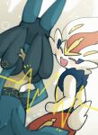 2023 ambiguous_gender anthro blue_ears blue_tail blush buckteeth butt cinderace duo eyes_closed fur generation_4_pokemon generation_8_pokemon hand_on_hip lucario nintendo open_mouth open_smile pokemon pokemon_(species) pose smile sstoh tail teeth white_body white_ears white_fur white_tail