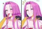 1girl alternate_costume artrum4 blush chips_(food) closed_mouth commentary english_commentary fangs fate/grand_order fate_(series) food forehead gorgon_(fate) head_rest heart highres holding holding_food long_hair long_tongue looking_at_viewer medusa_(fate) open_mouth pink_hair potato_chips purple_eyes saliva scales simple_background slit_pupils solo tongue tongue_out twitter_username very_long_hair white_background yellow_scales 
