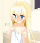  1girl arm_at_side bare_shoulders bathroom blonde_hair blue_eyes blush collarbone commentary_request embarrassed eyes_visible_through_hair full-face_blush hair_between_eyes hair_down hand_up highres indoors long_hair looking_at_viewer moshikineko64 naked_towel nose_blush open_mouth shirayuki_noa solo straight_hair sweatdrop tenshi_souzou_re-boot! towel upper_body upturned_eyes very_long_hair 