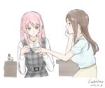  2girls applying_makeup artist_name bang_dream! bang_dream!_it&#039;s_mygo!!!!! belt blue_eyes blue_shirt brown_hair brown_skirt chihaya_anon chinese_commentary closed_mouth collarbone comfort_zoner commentary_request cropped_torso dated dress grey_belt grey_dress grey_eyes head_rest jewelry light_blush long_hair long_sleeves multiple_girls nagasaki_soyo nail_polish nail_polish_bottle nail_polish_brush necklace pinafore_dress pink_hair pink_nails plaid plaid_dress puffy_short_sleeves puffy_sleeves shirt short_sleeves sidelocks simple_background skirt sleeveless sleeveless_dress sweatdrop upper_body variant_set white_background white_shirt yellow_nails 