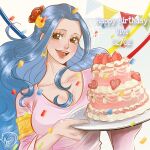  +++ 1girl anyumii136 armlet blue_hair brown_hair cake character_name confetti dated dress earrings english_commentary eyelashes food half_updo happy_birthday highres holding holding_plate jewelry light_blue_hair long_hair long_sleeves nefertari_vivi one_piece open_mouth pink_dress plate sidelocks signature simple_background smile solo strawberry_shortcake upper_body white_background 