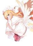  1girl absurdres blonde_hair blue_eyes capelet dress fairy feathered_wings full_body highres knees_to_chest lily_white long_hair looking_at_viewer low_wings mary_janes ninjin_no_nankotsu pantyhose shoes simple_background solo touhou white_background white_capelet white_dress white_headwear white_pantyhose wings 