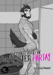  1boy absurdres animal_ears ass back_hair bara bathroom beard body_fur cover cover_page doujin_cover facial_hair feet_out_of_frame from_side full_beard greyscale grin hairy highres huge_eyebrows looking_at_viewer lupin_barnabi male_focus mature_male monochrome monster_prom muscular muscular_male nipple_hair pectorals presenting_ass scott_howl smile solo standing tail tail_wagging thick_arm_hair thick_ass_hair thick_beard thick_chest_hair thick_leg_hair toilet_use very_hairy werewolf wolf_boy wolf_ears wolf_tail 