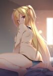  1girl aria_(koiiroharemoyou) arihara_nanami ass backlighting barefoot black_scrunchie blonde_hair blue_panties blurry blurry_background blush breasts breasts_out brother_and_sister couple eyelashes feet_out_of_frame hair_between_eyes highres indoors jacket knees_out_of_frame light_particles long_hair long_sleeves looking_at_viewer looking_back no_bra open_clothes panties red_eyes riddle_joker school_uniform scrunchie seductive_smile shirt siblings sideboob sidelocks sitting smile solo solo_focus split_mouth straight_hair sunlight sweat textless_version thighs third-party_edit two_side_up underwear very_long_hair wariza window yellow_jacket 